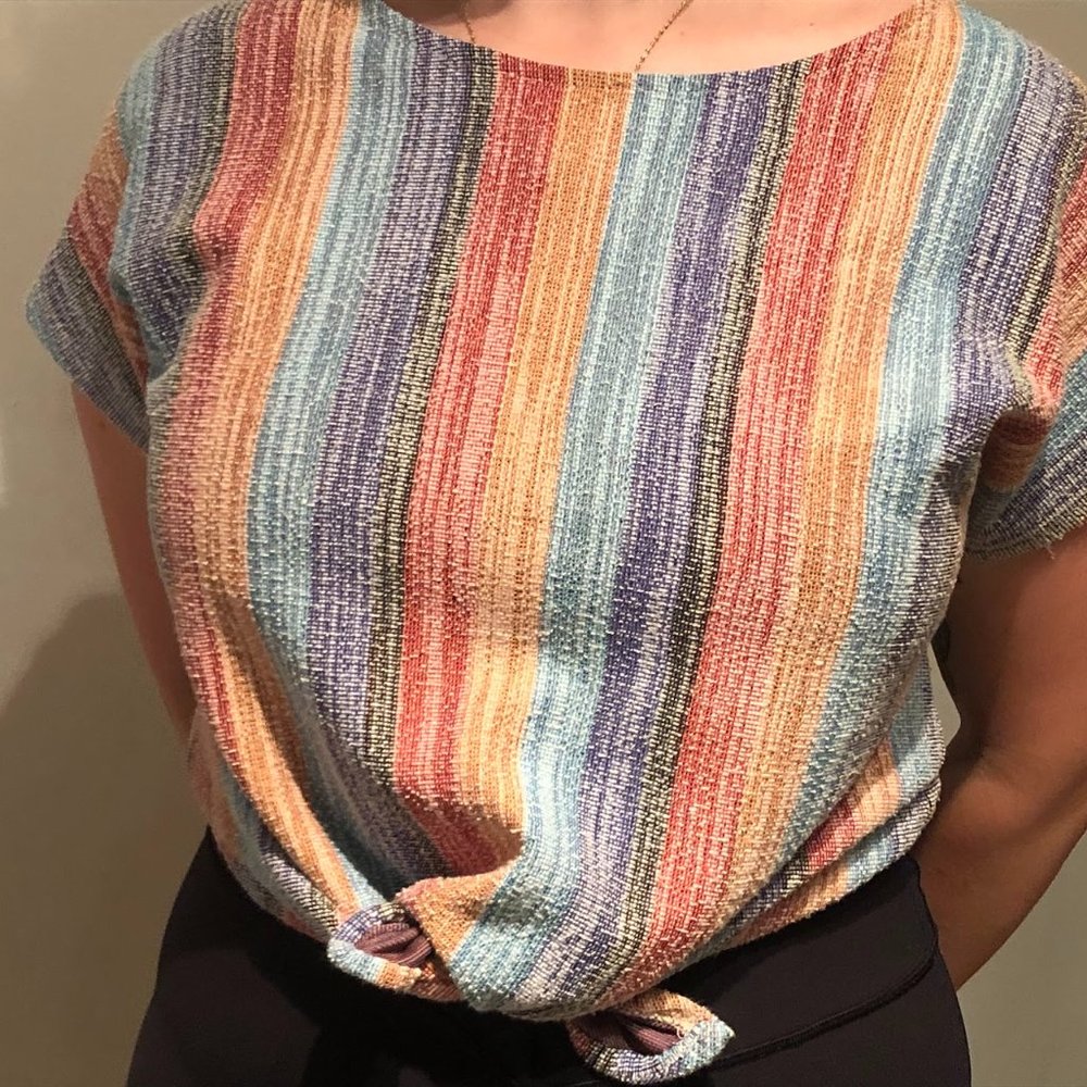 Rainbow Striped Tie Front Cropped Shirt Size L